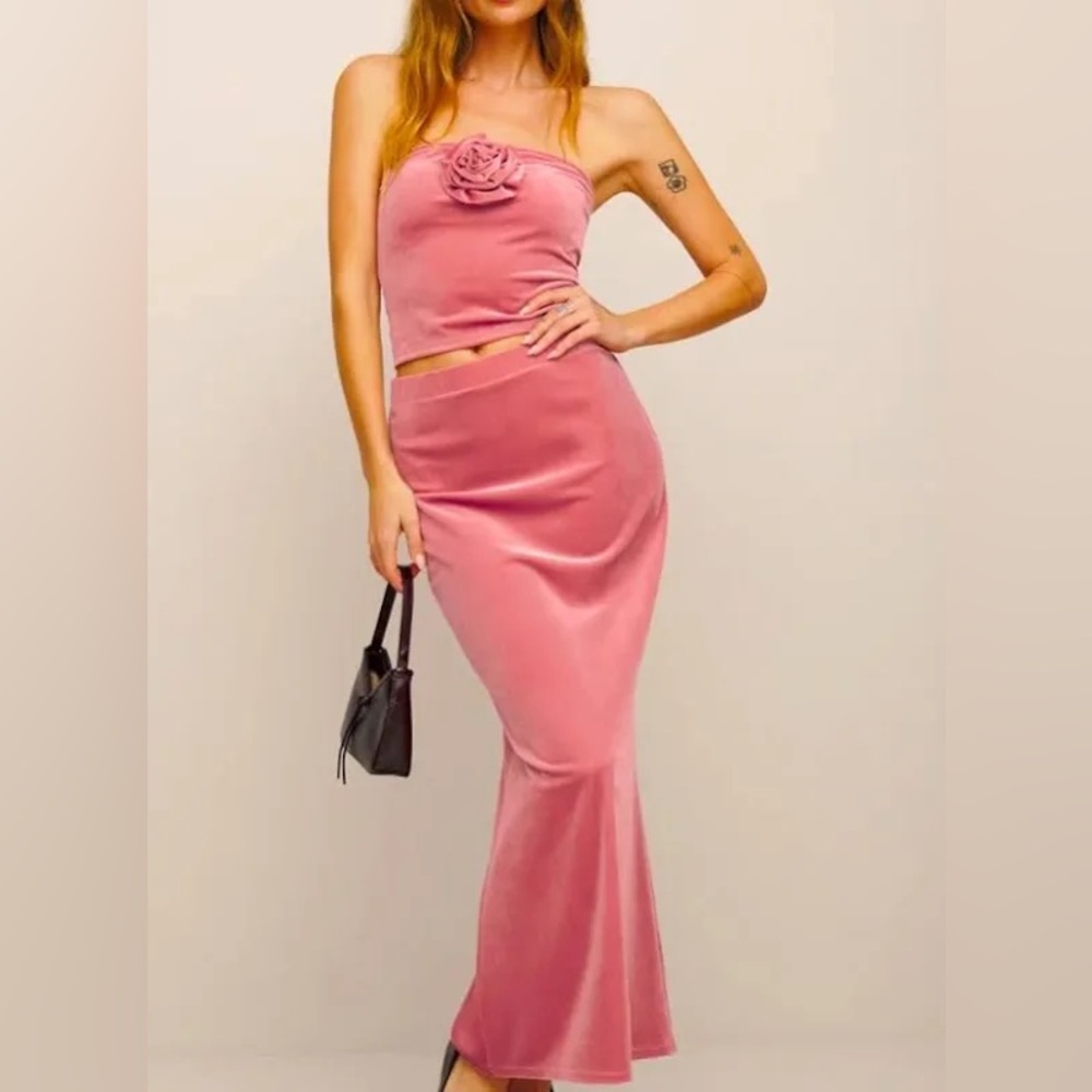 Reformation Adalynn Velvet Maxi Skirt Two Piece Set Pink NWT Size L